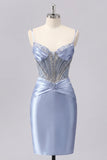 Vestido de Homecoming em Espartilho Cinzento Azul-Cetim Transparente com Missangas