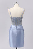 Vestido de Homecoming em Espartilho Cinzento Azul-Cetim Transparente com Missangas
