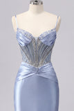 Vestido de Homecoming em Espartilho Cinzento Azul-Cetim Transparente com Missangas