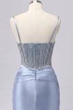Vestido de Homecoming em Espartilho Cinzento Azul-Cetim Transparente com Missangas