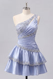 Vestido de Finalistas de Finalistas, Cetim Azul-Cinzento, linha em A, um ombro franzido, com bordas