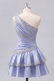 Vestido de Finalistas de Finalistas, Cetim Azul-Cinzento, linha em A, um ombro franzido, com bordas