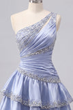 Vestido de Finalistas de Finalistas, Cetim Azul-Cinzento, linha em A, um ombro franzido, com bordas