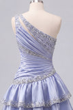 Vestido de Finalistas de Finalistas, Cetim Azul-Cinzento, linha em A, um ombro franzido, com bordas