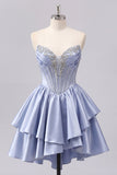 Vestido de regresso a casa, Cinzento Azul, Espartilho A-Line Cinzento, Franzidos, Fofo Vestido de Regresso a Casa com Missangas