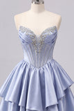 Vestido de regresso a casa, Cinzento Azul, Espartilho A-Line Cinzento, Franzidos, Fofo Vestido de Regresso a Casa com Missangas