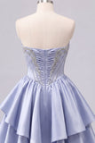 Vestido de regresso a casa, Cinzento Azul, Espartilho A-Line Cinzento, Franzidos, Fofo Vestido de Regresso a Casa com Missangas