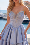Vestido de regresso a casa, Cinzento Azul, Espartilho A-Line Cinzento, Franzidos, Fofo Vestido de Regresso a Casa com Missangas