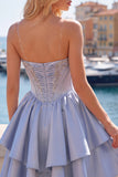 Vestido de regresso a casa, Cinzento Azul, Espartilho A-Line Cinzento, Franzidos, Fofo Vestido de Regresso a Casa com Missangas