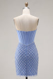 Vestido de Homecoming com Espartilho Azul, Cetim Sem Alças, Bodycon Misangas e Fenda