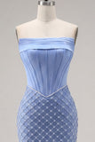 Vestido de Homecoming com Espartilho Azul, Cetim Sem Alças, Bodycon Misangas e Fenda