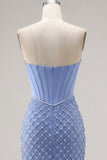 Vestido de Homecoming com Espartilho Azul, Cetim Sem Alças, Bodycon Misangas e Fenda