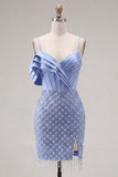 Vestido de Boas-Vindas ao Casal, Espartilho Azul Cetim, Bodycon Missangas e Franzida