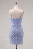 Vestido de Boas-Vindas ao Casal, Espartilho Azul Cetim, Bodycon Missangas e Franzida