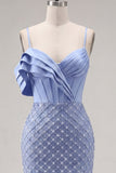 Vestido de Boas-Vindas ao Casal, Espartilho Azul Cetim, Bodycon Missangas e Franzida