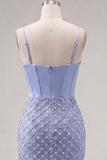 Vestido de Boas-Vindas ao Casal, Espartilho Azul Cetim, Bodycon Missangas e Franzida