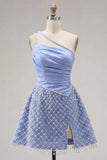 Vestido de Finalistas Azul de Cetim de Um Ombro, Linha em A, Missangas e Missangas, Azul, com Fenda