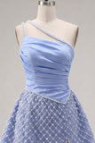 Vestido de Finalistas Azul de Cetim de Um Ombro, Linha em A, Missangas e Missangas, Azul, com Fenda