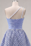 Vestido de Finalistas Azul de Cetim de Um Ombro, Linha em A, Missangas e Missangas, Azul, com Fenda