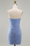 Vestido de Homecoming com Espartilho Bodycon de cetim sem alças azul com missangas