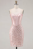 Sweetheart Blush Cetim Bodycon Corset Vestido de Lantejoulas Vestido de Regresso a Casa
