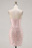 Sweetheart Blush Cetim Bodycon Corset Vestido de Lantejoulas Vestido de Regresso a Casa
