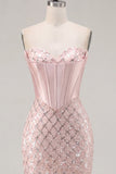 Sweetheart Blush Cetim Bodycon Corset Vestido de Lantejoulas Vestido de Regresso a Casa