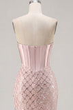 Sweetheart Blush Cetim Bodycon Corset Vestido de Lantejoulas Vestido de Regresso a Casa
