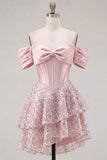 Vestido de regresso ao lâmino com corset de cetim em linha A com blush e ombros descobertos