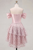 Vestido de regresso ao lâmino com corset de cetim em linha A com blush e ombros descobertos