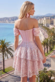 Vestido de regresso ao lâmino com corset de cetim em linha A com blush e ombros descobertos