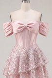 Vestido de regresso ao lâmino com corset de cetim em linha A com blush e ombros descobertos