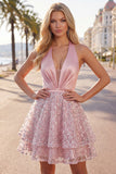 Vestido de Homecoming de Homecoming em cetim de cetim A-Line com decote halter e lantejoulas franzidas