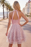Vestido de Homecoming de Homecoming em cetim de cetim A-Line com decote halter e lantejoulas franzidas