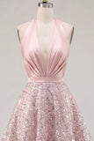 Vestido de Homecoming de Homecoming em cetim de cetim A-Line com decote halter e lantejoulas franzidas
