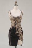 Vestido de Homecoming com lantejoulas pretas de cetim bodycon franzidas