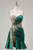 Vestido de Homecoming com lantejoulas amarrotadas em cetim verde-escuro Bodycon Bodycon