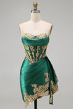 Vestido de Homecoming com Espartilho transparente em cetim verde escuro com lantejoulas