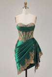 Vestido de Homecoming com Espartilho transparente em cetim verde escuro com lantejoulas