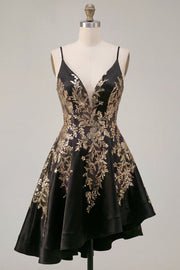 Vestido Curto Festa Assimétrico Alças Finas Preto Brilhante