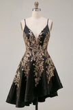 Zapaka Mulheres Vestido Curto Festa Assimétrico Alças Finas Preto Brilhante Linha-A Apliques Florais e Lantejoulas