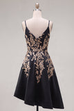 Vestido Curto Festa Assimétrico Alças Finas Preto Brilhante