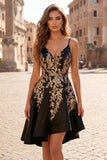 Vestido Curto Festa Assimétrico Alças Finas Preto Brilhante