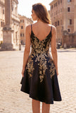 Vestido Curto Festa Assimétrico Alças Finas Preto Brilhante