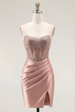 Sweetheart Blush Vestido de Finalistas Espartilho Transparente Franzido com Missangas e Abertura