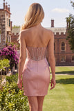 Sweetheart Blush Vestido de Finalistas Espartilho Transparente Franzido com Missangas e Abertura