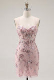 Blush Bodycon Bodycon Necker Halter Corset transparente Vestido de Lantejoulas Homecoming