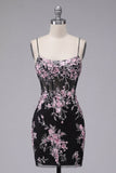 Vestido de Homecoming com Espartilho Transparente com Flor Preto Cor-Rosa