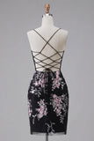 Vestido de Homecoming com Espartilho Transparente com Flor Preto Cor-Rosa