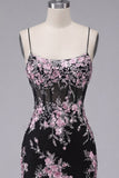 Vestido de Homecoming com Espartilho Transparente com Flor Preto Cor-Rosa